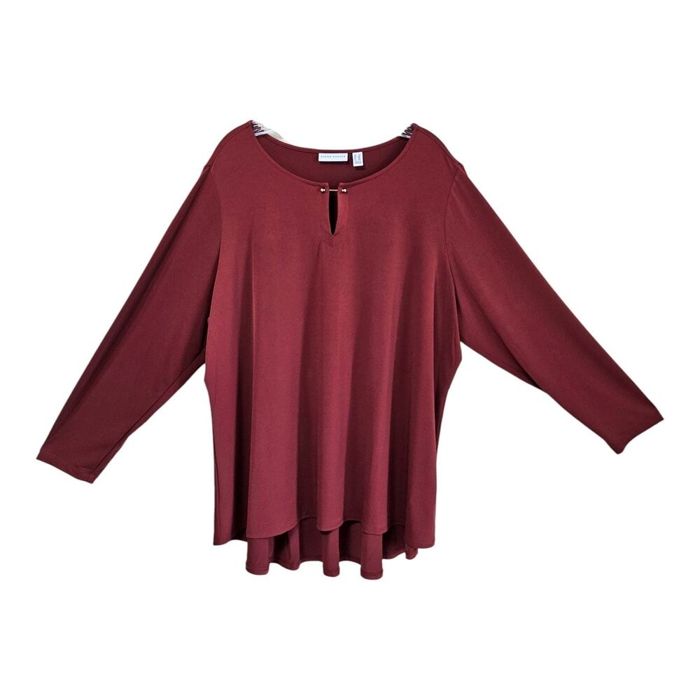 SUSAN GRAVER Plus 2X Tunic Top Rust Brown Gold Hardware Liquid Knit Long Slv 50"